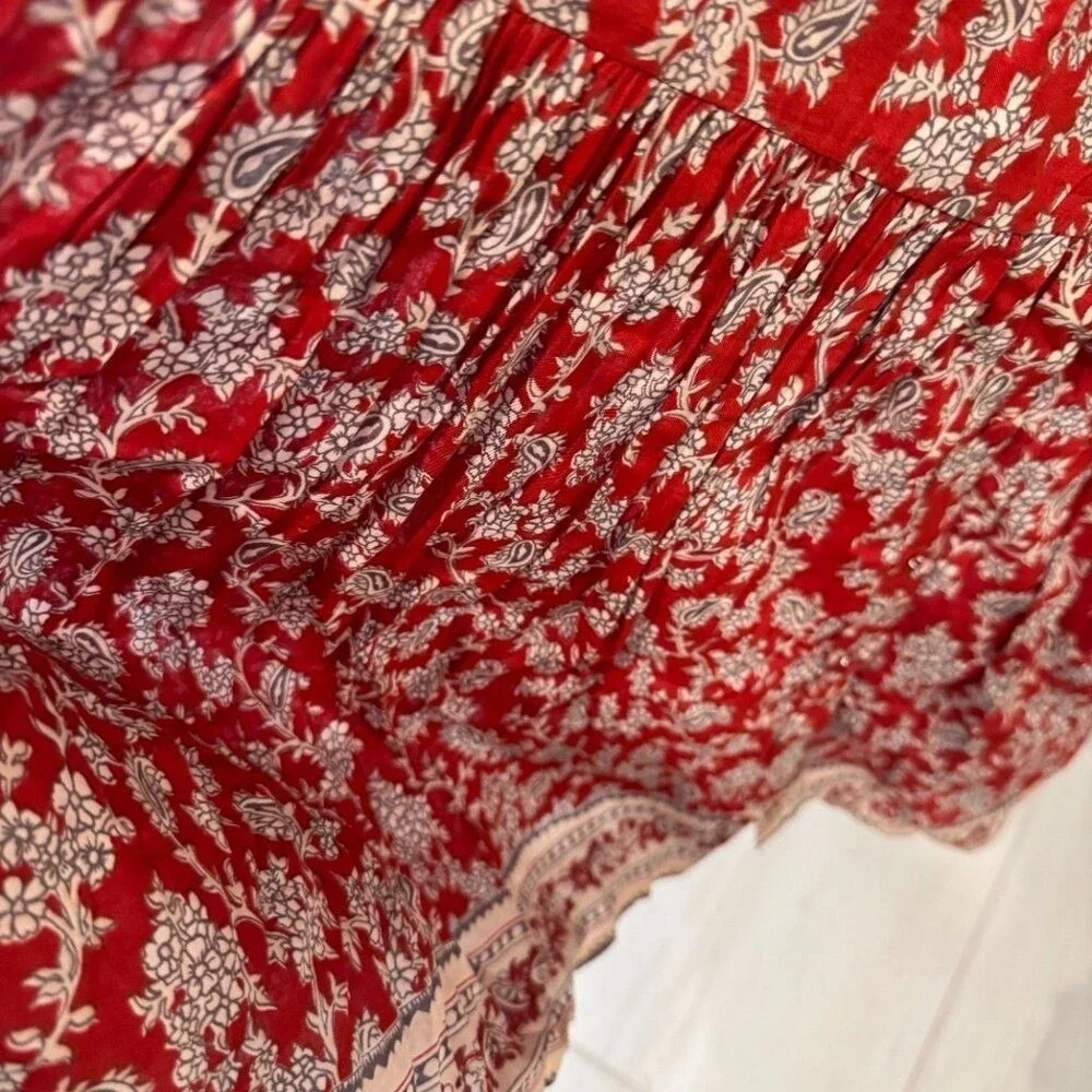 Madewell Red Paisley Floral Button Front Puff Sleeve Tiered Midi Dress 4 - Picture 11 of 11